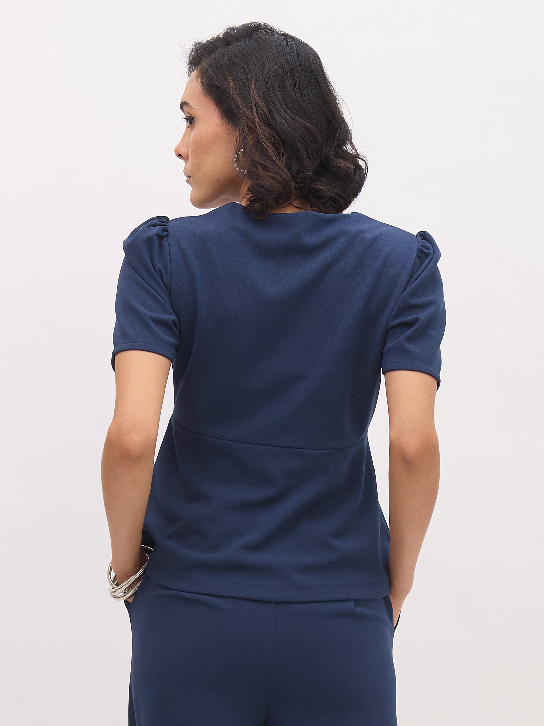Women Blue Square Neck Front Slit Top-SFTOPS42430
