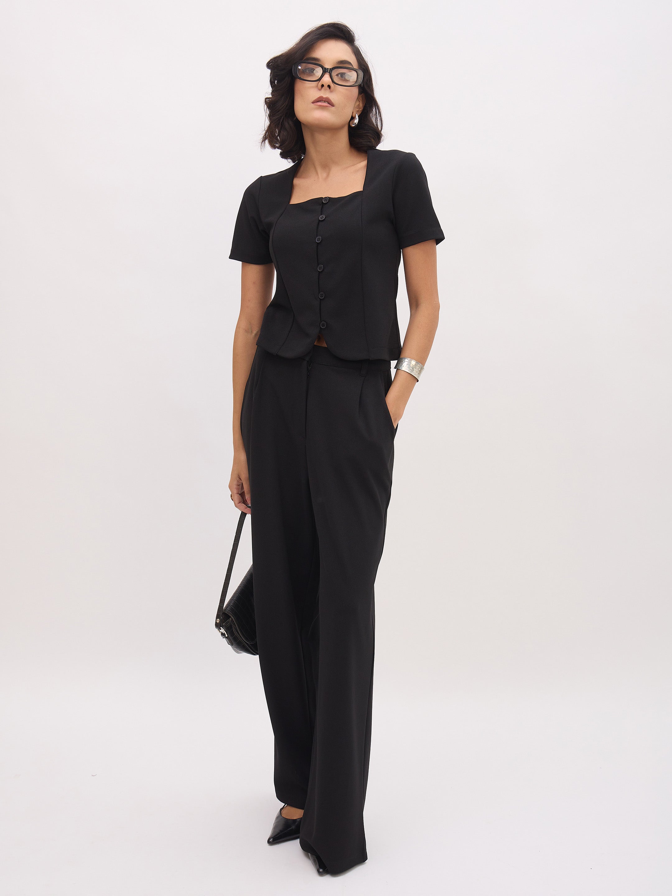 Women Black Square Neck Half Sleeves Button Top-SFTOPS42432