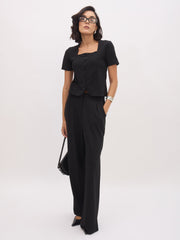 Women Black Square Neck Half Sleeves Button Top-SFTOPS42432