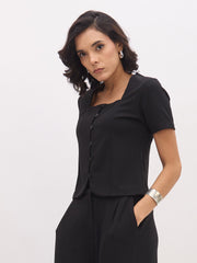 Women Black Square Neck Half Sleeves Button Top-SFTOPS42432