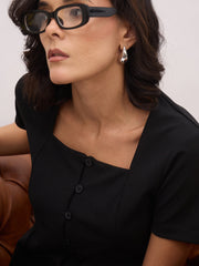Women Black Square Neck Half Sleeves Button Top-SFTOPS42432