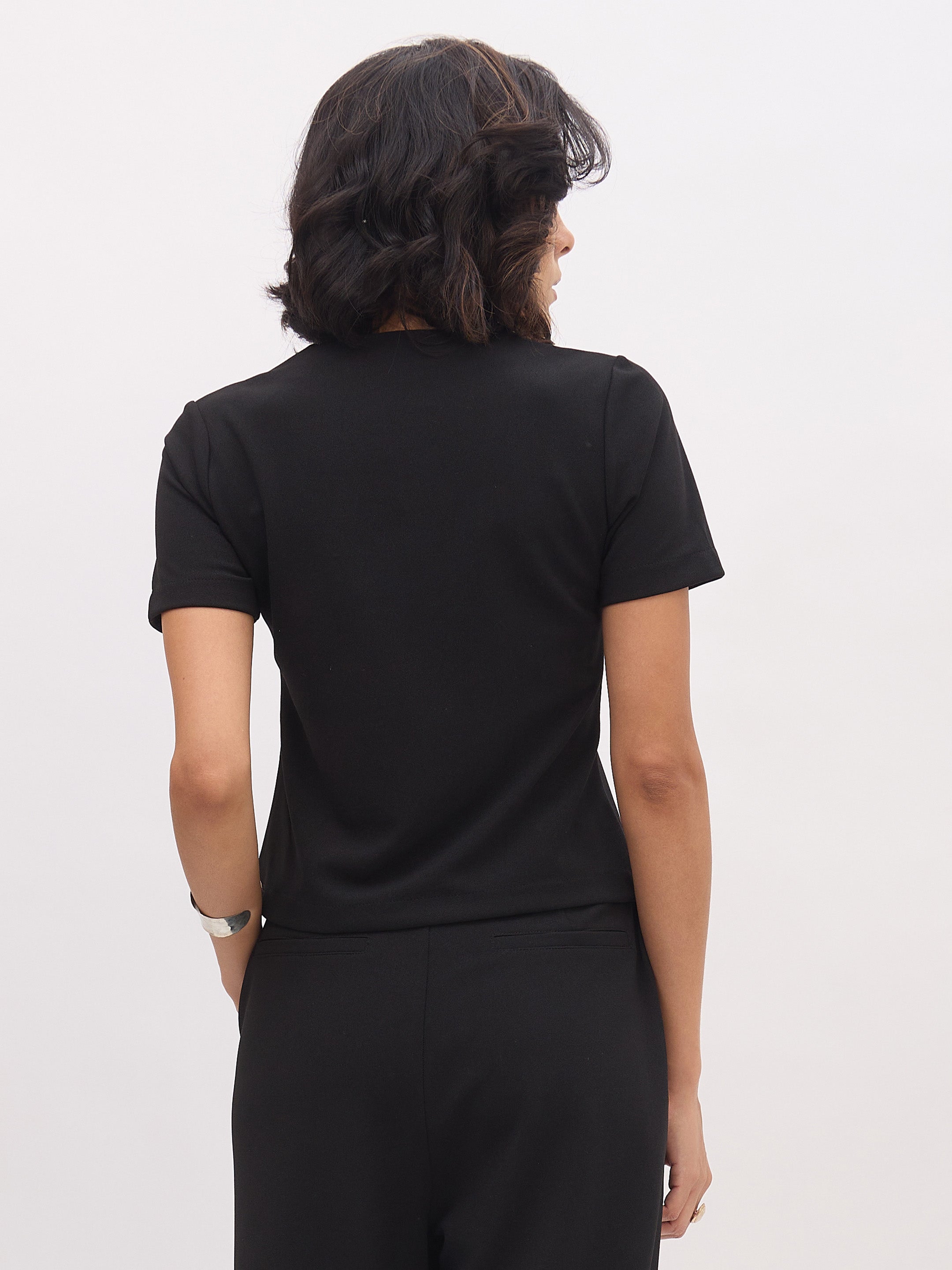 Women Black Square Neck Half Sleeves Button Top-SFTOPS42432