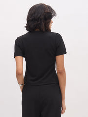 Women Black Square Neck Half Sleeves Button Top-SFTOPS42432