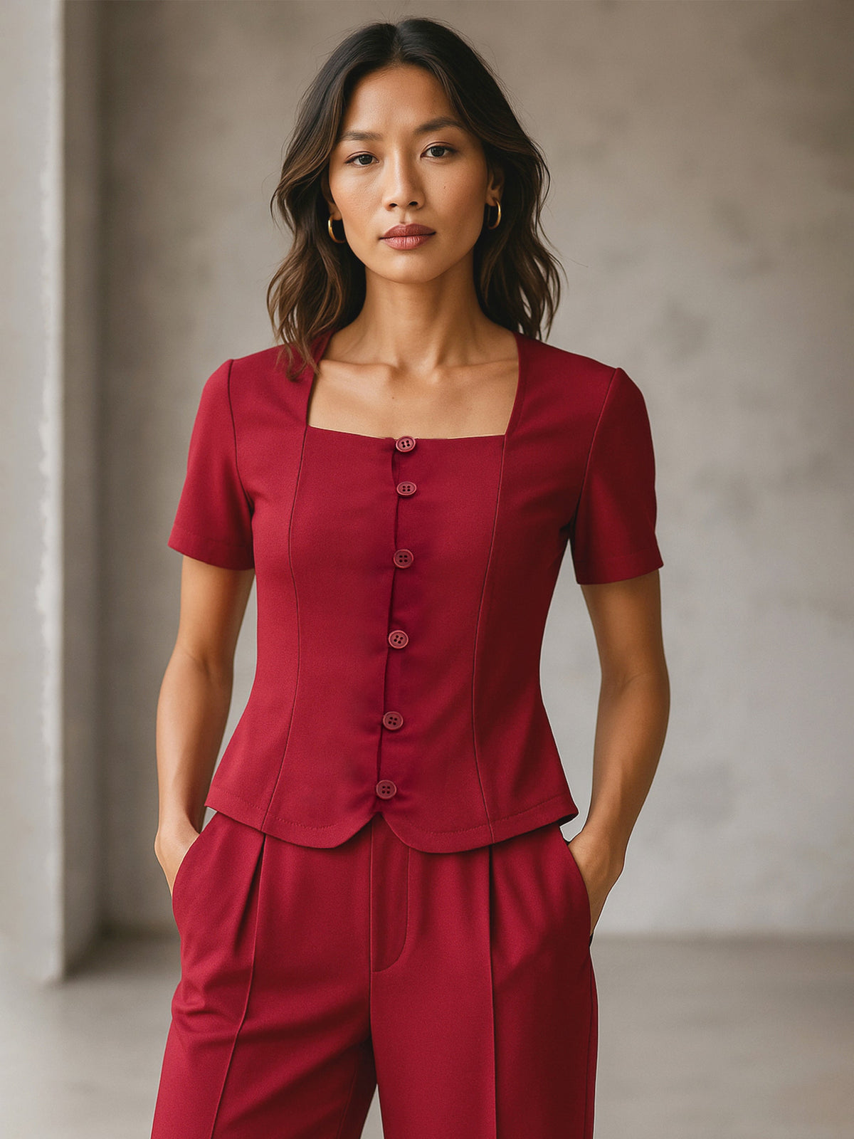 Women Maroon Square Neck Half Sleeves Button Top-SFTOPS42433