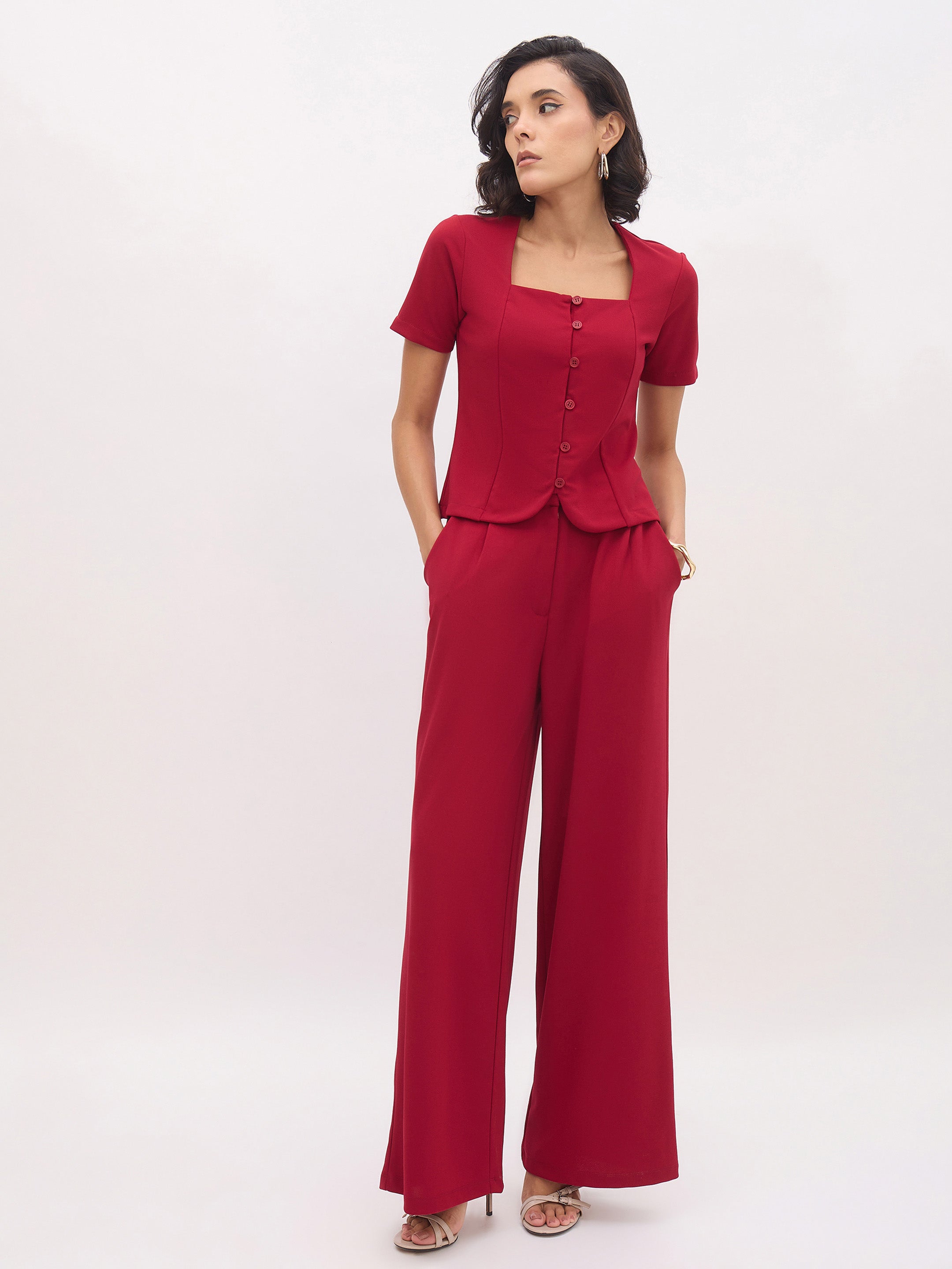 Women Maroon Square Neck Half Sleeves Button Top-SFTOPS42433