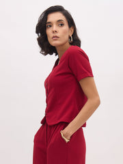 Women Maroon Square Neck Half Sleeves Button Top-SFTOPS42433