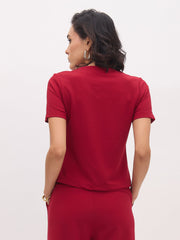 Women Maroon Square Neck Half Sleeves Button Top-SFTOPS42433