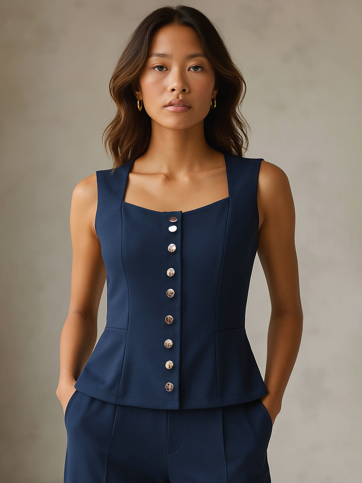 Women Blue Rhombus Neck Sleeveless Front Button Top-SFTOPS42436