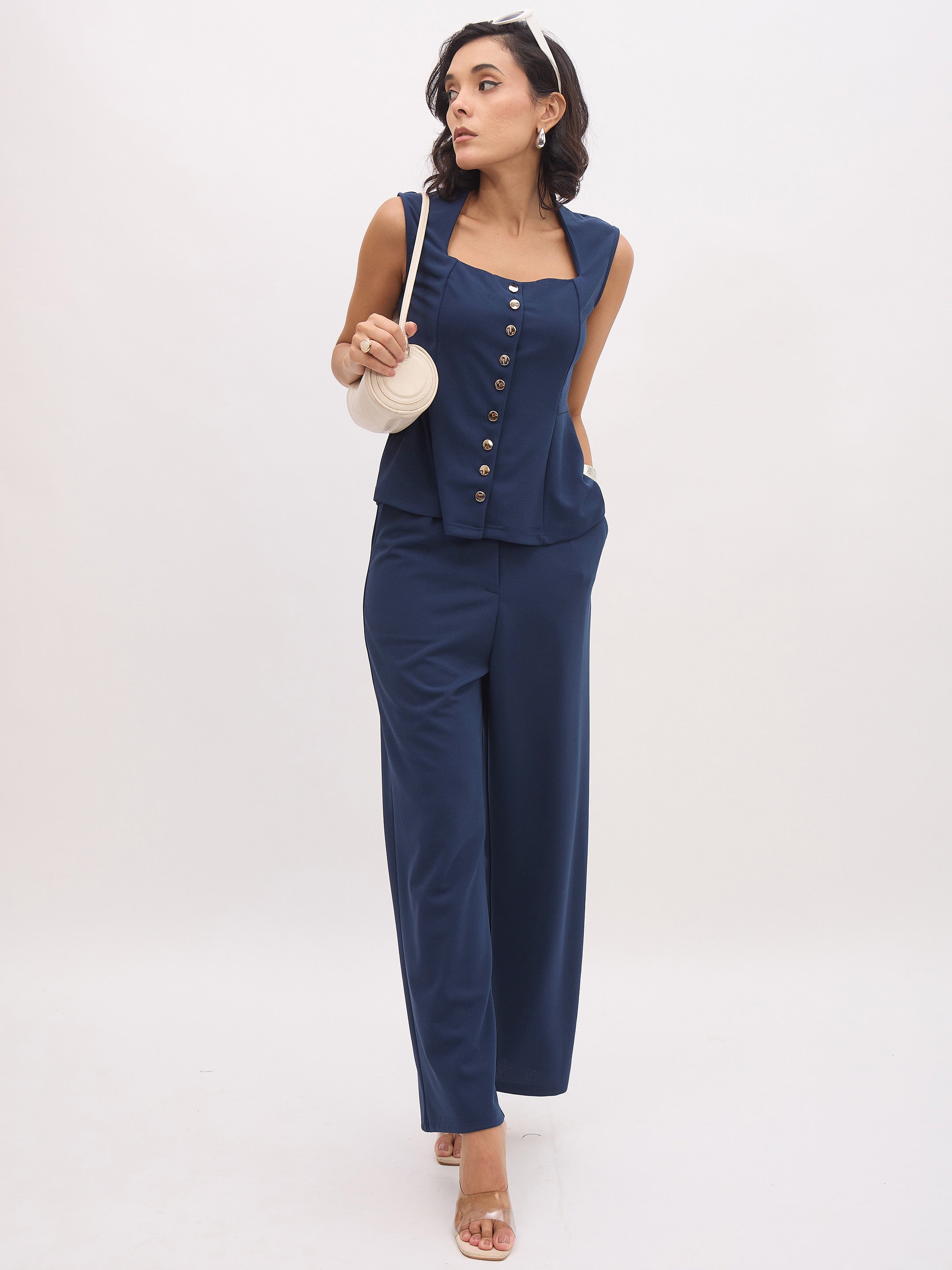 Women Blue Rhombus Neck Sleeveless Front Button Top-SFTOPS42436