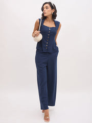 Women Blue Rhombus Neck Sleeveless Front Button Top-SFTOPS42436