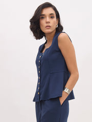 Women Blue Rhombus Neck Sleeveless Front Button Top-SFTOPS42436
