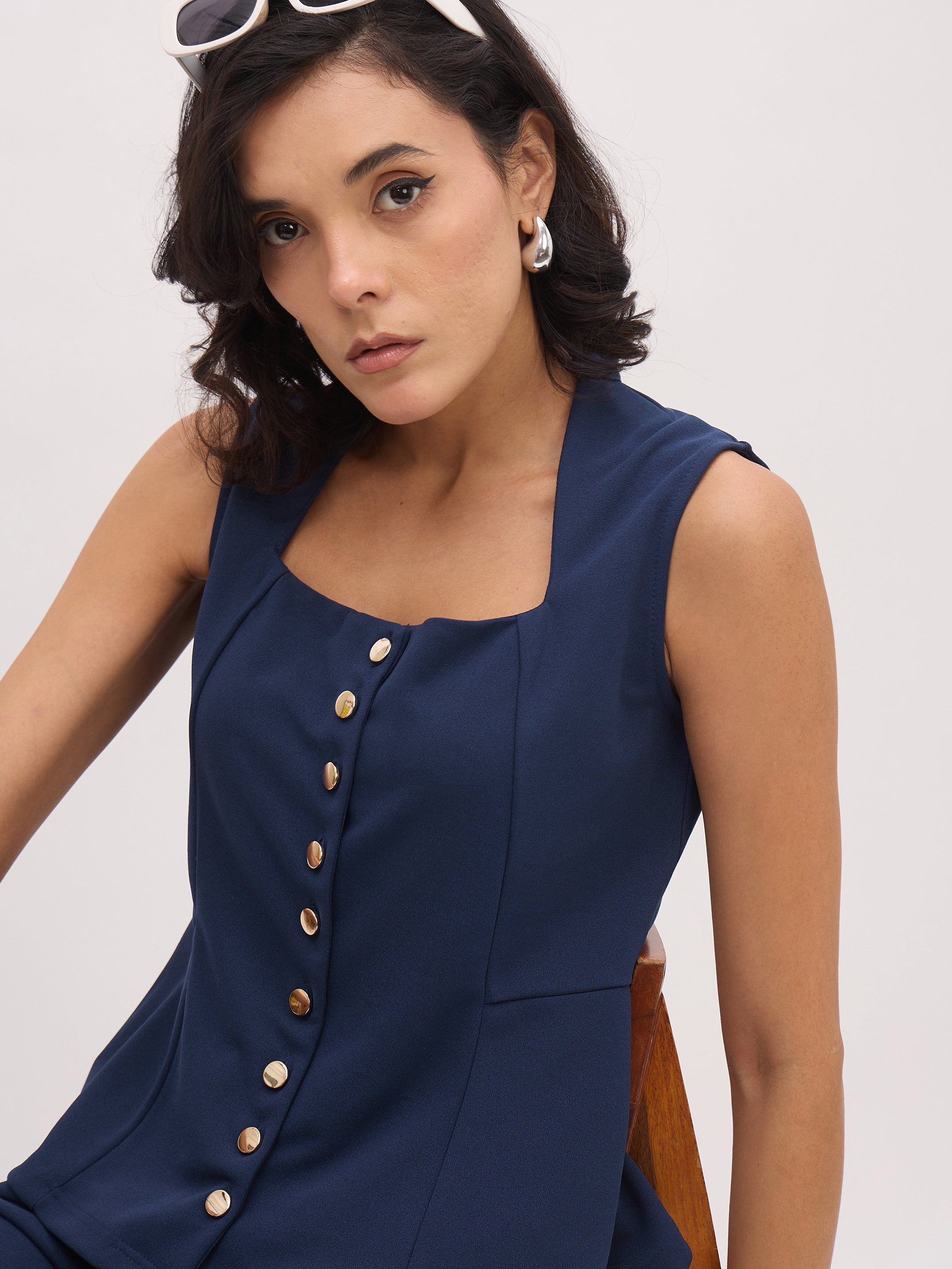 Women Blue Rhombus Neck Sleeveless Front Button Top-SFTOPS42436