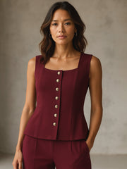 Women Burgundy Rhombus Neck Sleeveless Front Button Top-SFTOPS42437