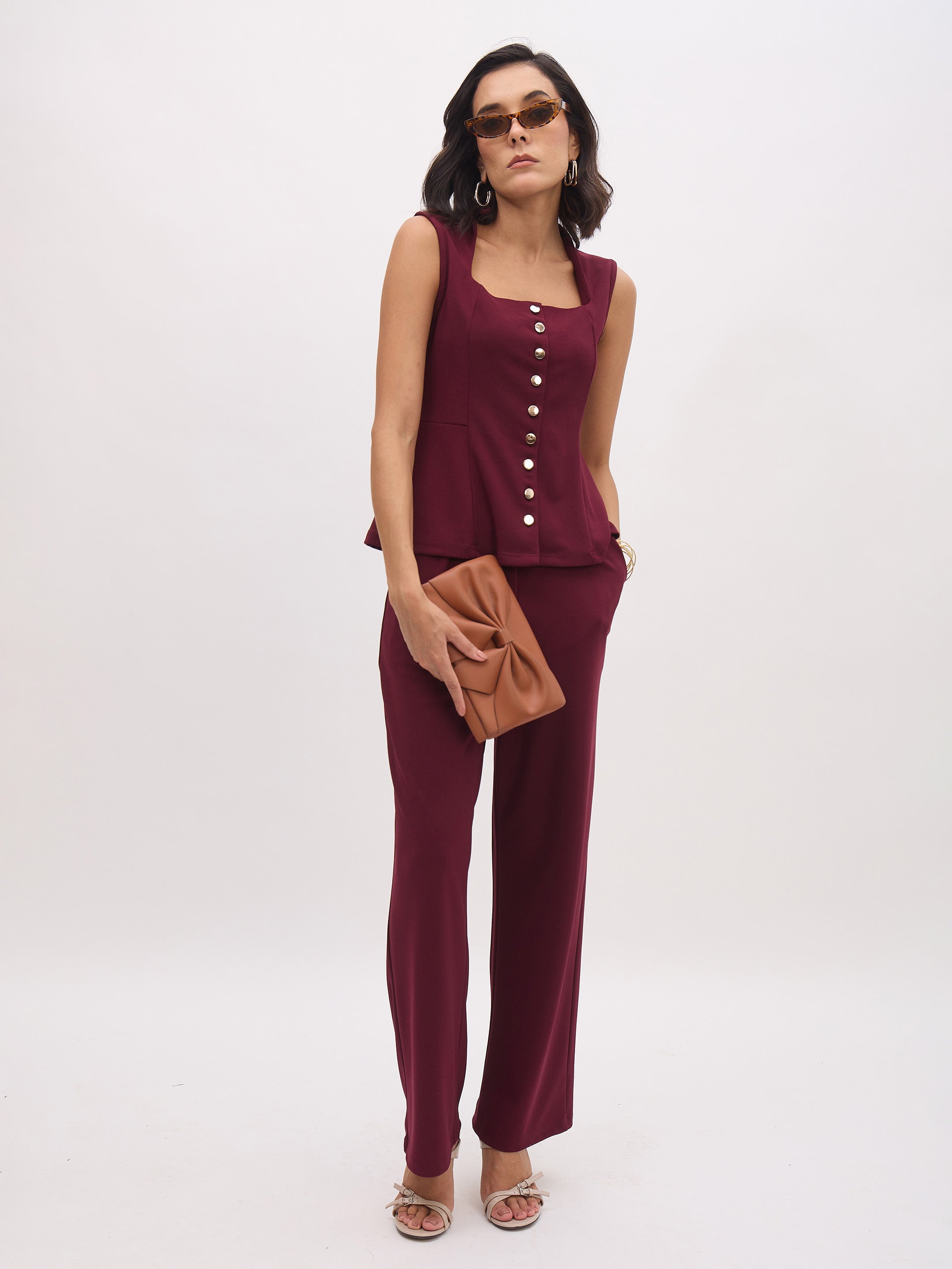 Women Burgundy Rhombus Neck Sleeveless Front Button Top-SFTOPS42437