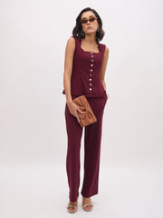 Women Burgundy Rhombus Neck Sleeveless Front Button Top-SFTOPS42437