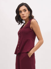 Women Burgundy Rhombus Neck Sleeveless Front Button Top-SFTOPS42437