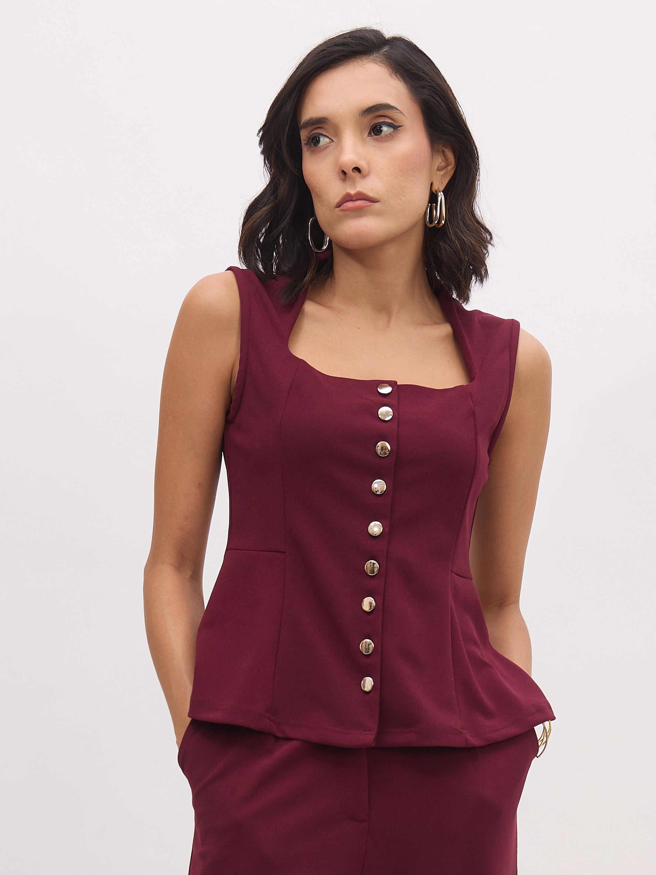 Women Burgundy Rhombus Neck Sleeveless Front Button Top-SFTOPS42437