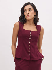 Women Burgundy Rhombus Neck Sleeveless Front Button Top-SFTOPS42437