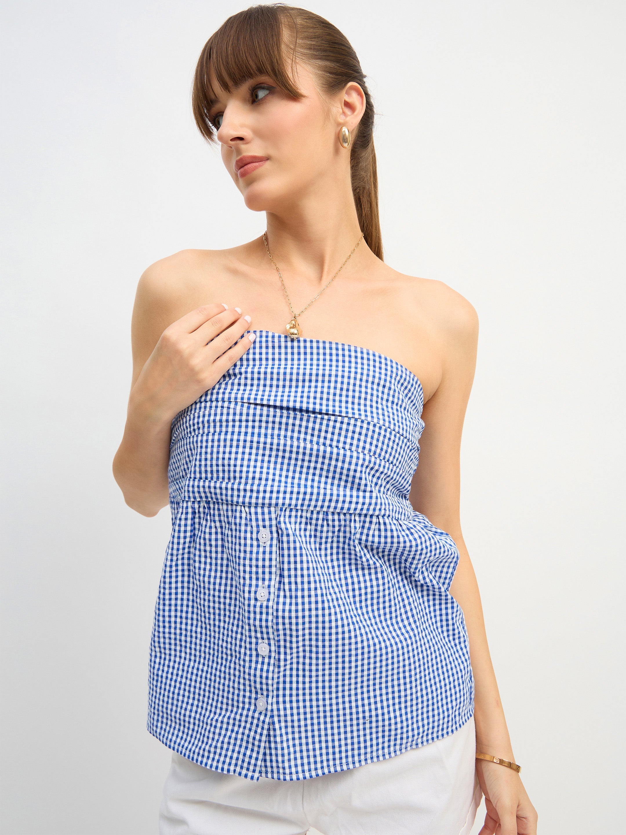 Women Blue & White Check Smoked Back Tube Top-SFTOPS42443