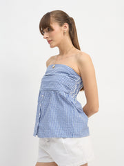 Women Blue & White Check Smoked Back Tube Top-SFTOPS42443