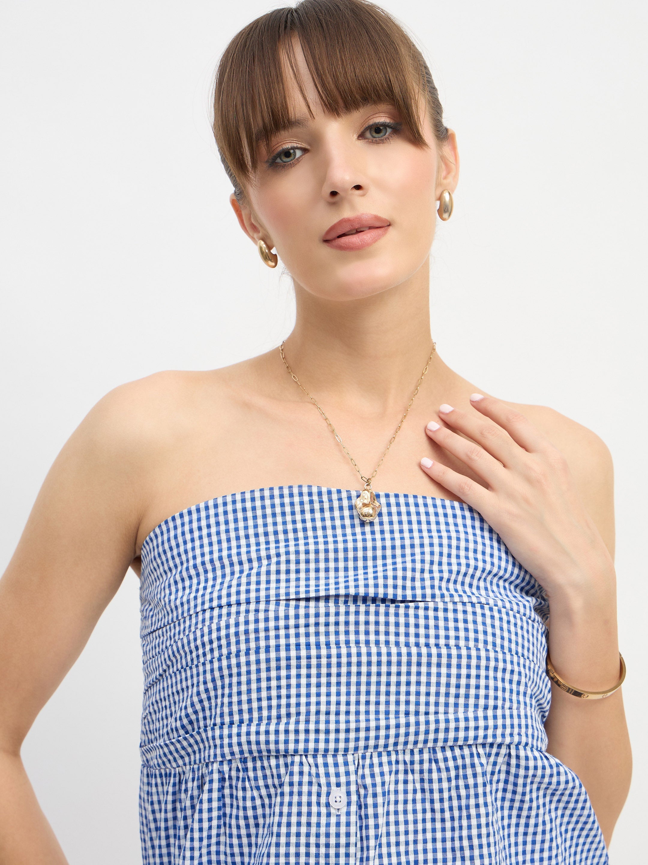 Women Blue & White Check Smoked Back Tube Top-SFTOPS42443