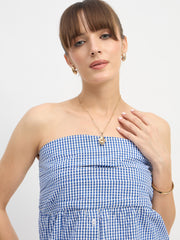 Women Blue & White Check Smoked Back Tube Top-SFTOPS42443