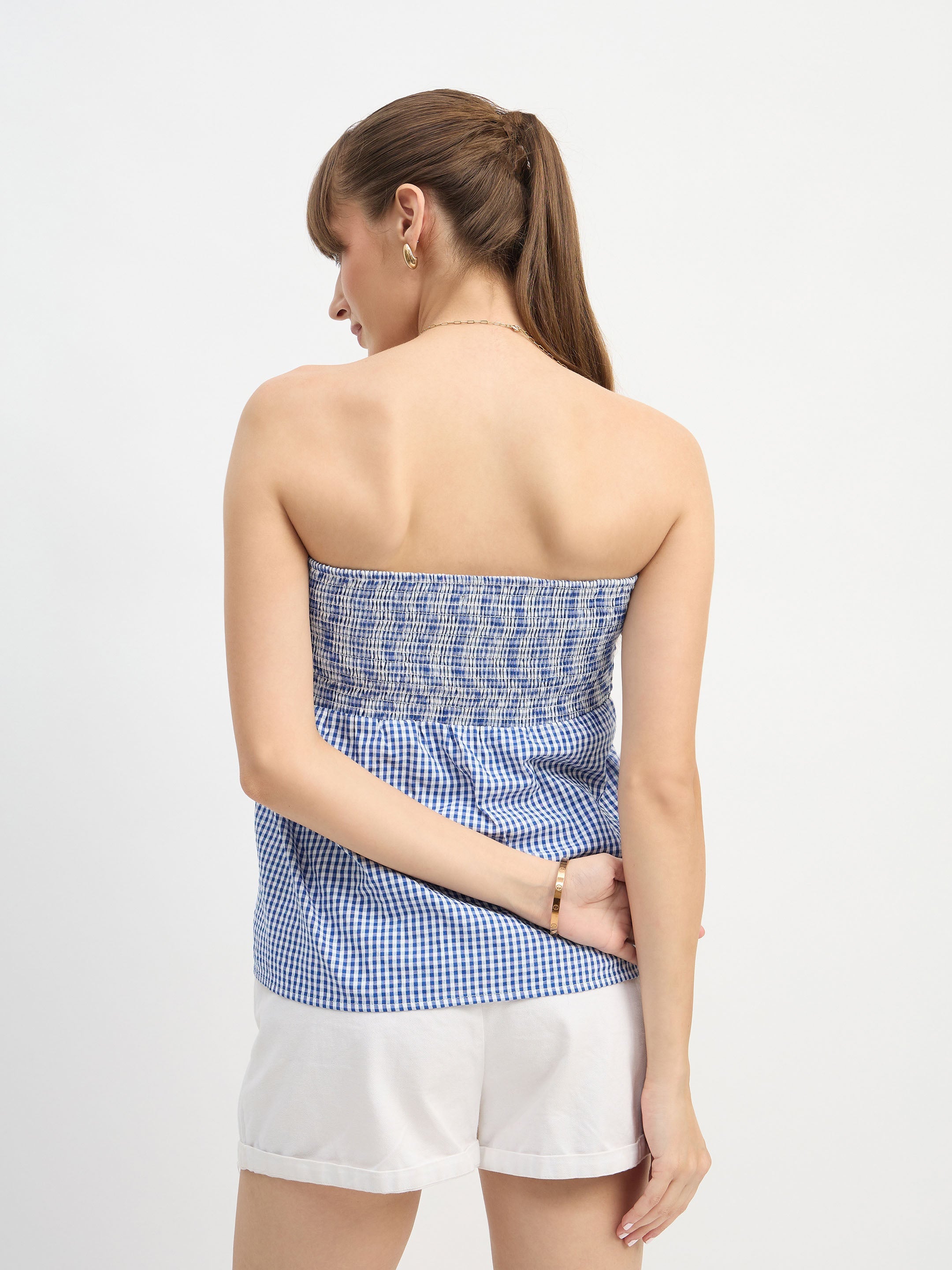 Women Blue & White Check Smoked Back Tube Top-SFTOPS42443
