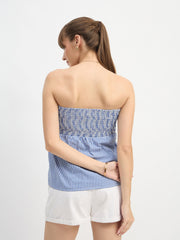 Women Blue & White Check Smoked Back Tube Top-SFTOPS42443