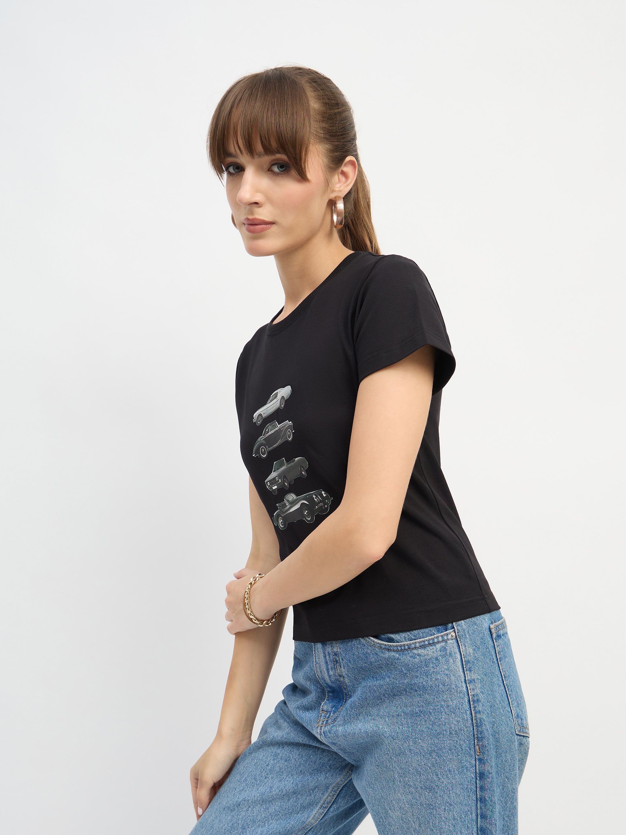 Women Black CAR Print Lycra T-Shirt-SFTOPS42444