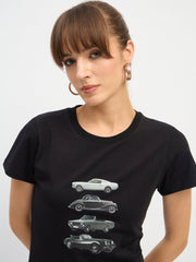 Women Black CAR Print Lycra T-Shirt-SFTOPS42444