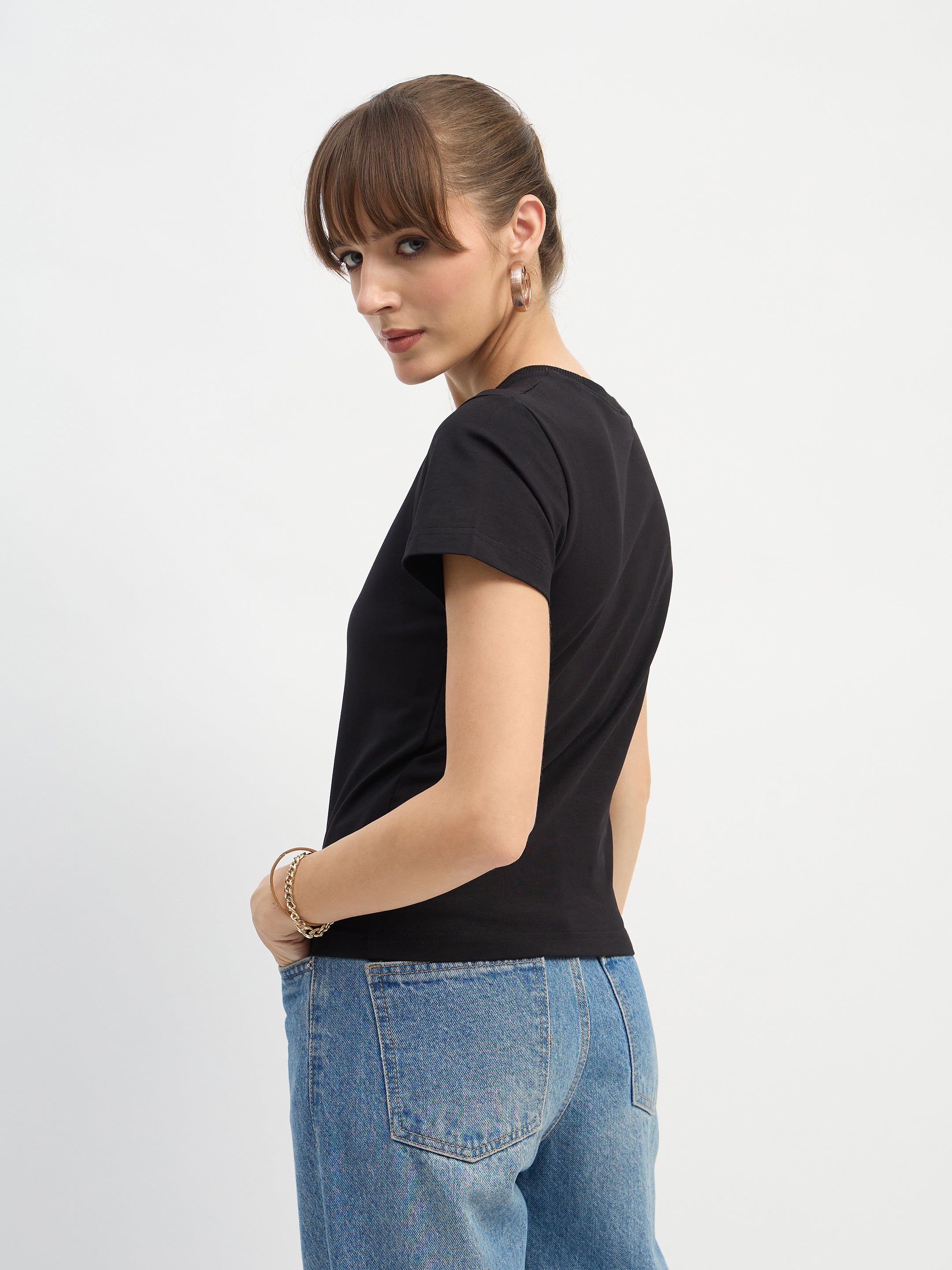 Women Black CAR Print Lycra T-Shirt-SFTOPS42444