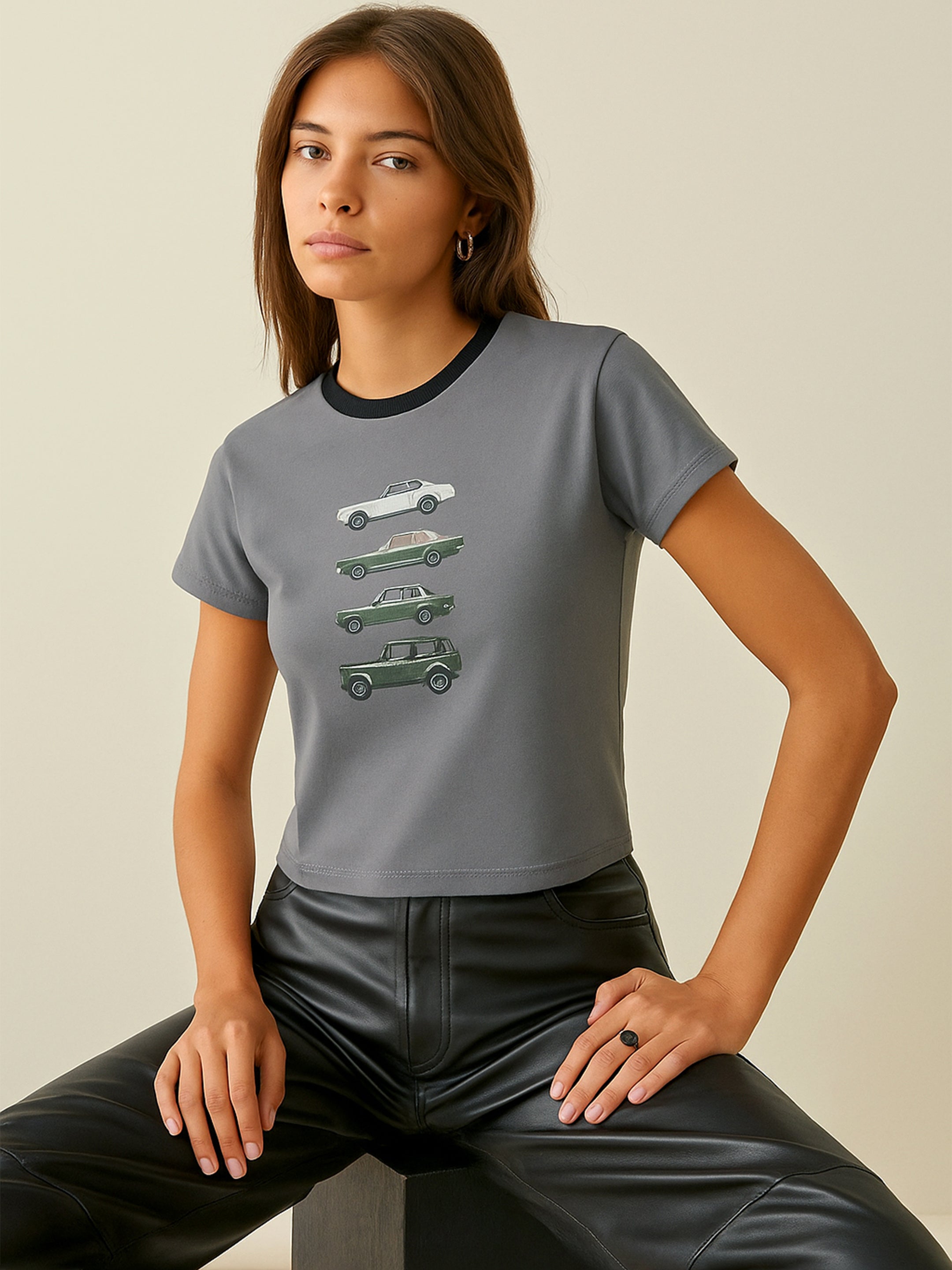 Women Grey CAR Print Lycra T-Shirt-SFTOPS42445