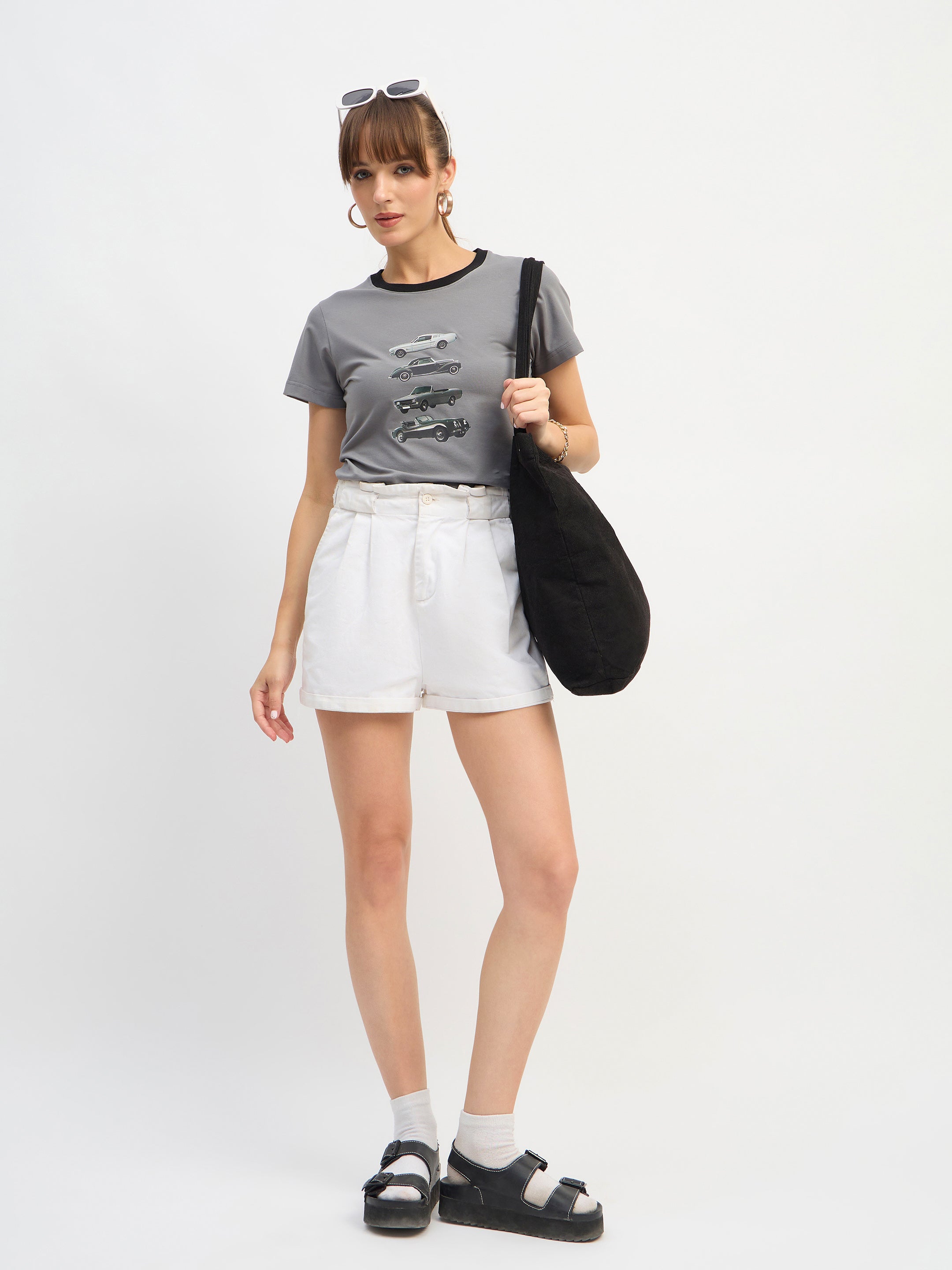 Women Grey CAR Print Lycra T-Shirt-SFTOPS42445