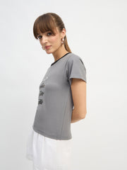 Women Grey CAR Print Lycra T-Shirt-SFTOPS42445