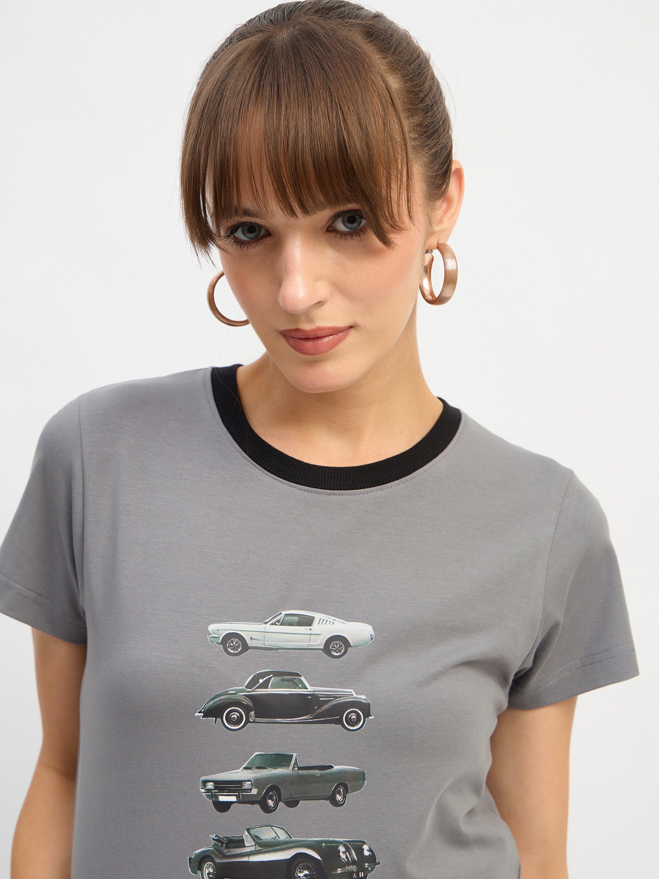 Women Grey CAR Print Lycra T-Shirt-SFTOPS42445
