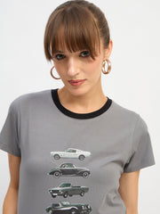 Women Grey CAR Print Lycra T-Shirt-SFTOPS42445