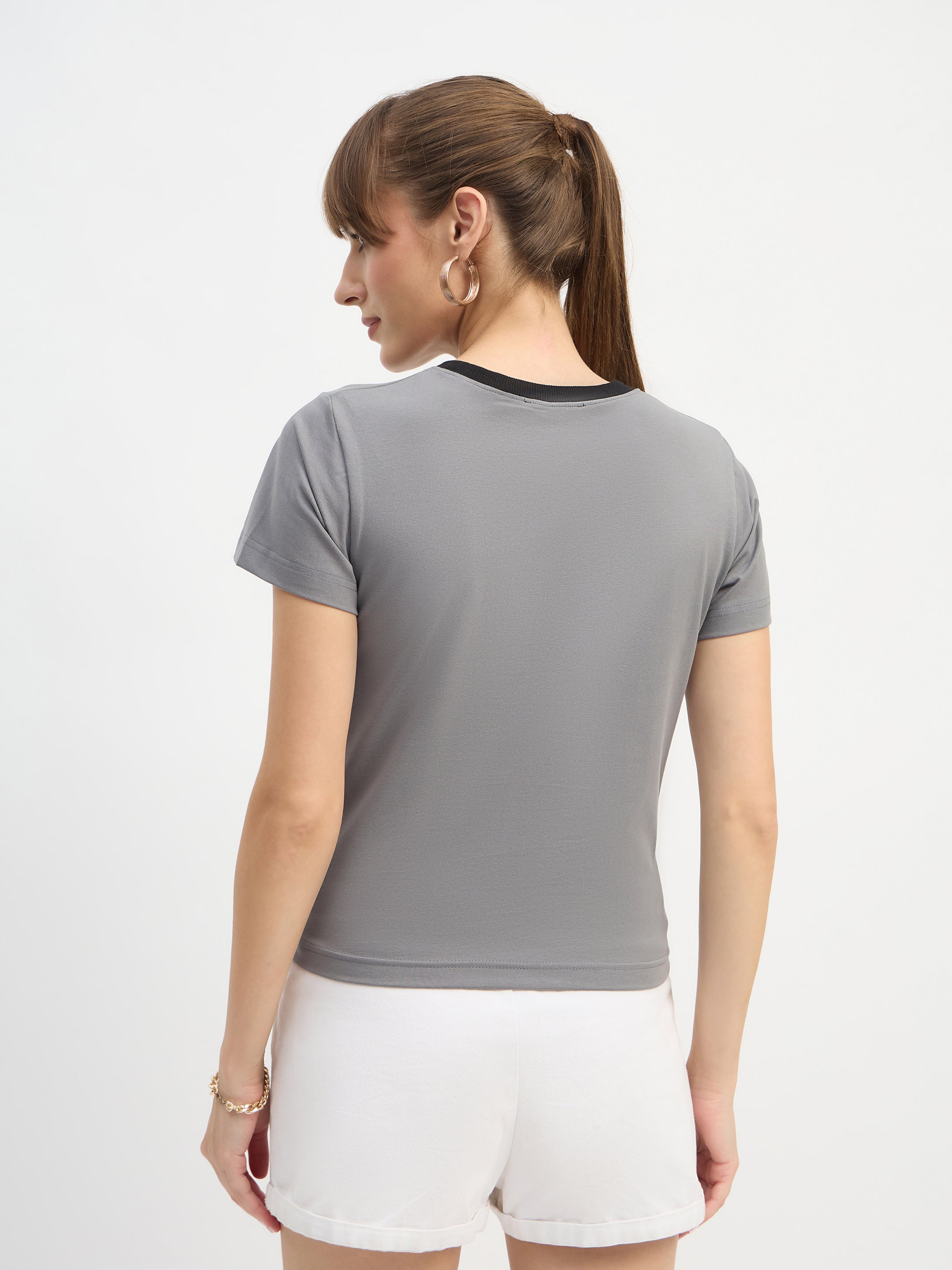 Women Grey CAR Print Lycra T-Shirt-SFTOPS42445