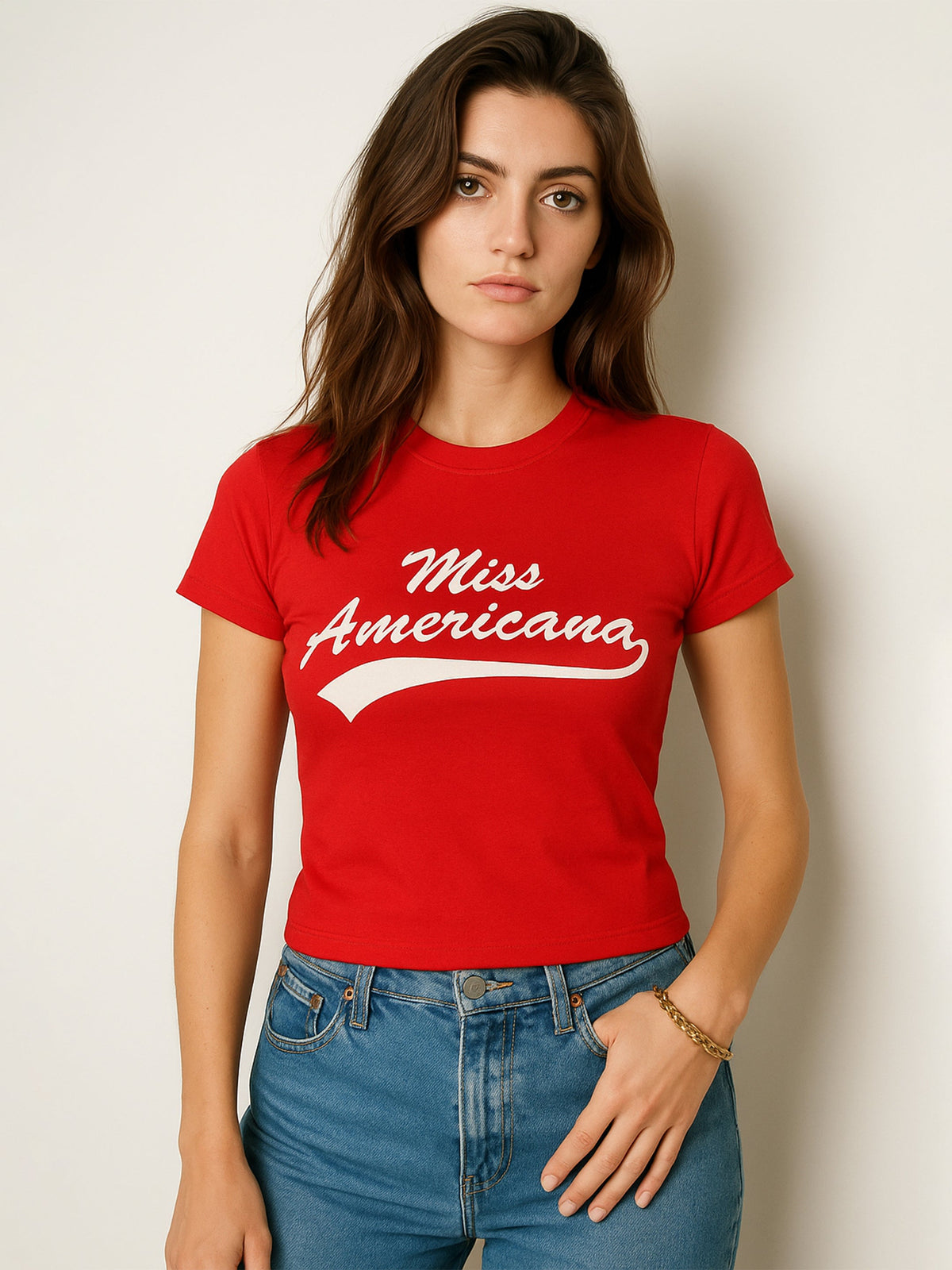 Women Red AMERICANA Print Lycra T-Shirt-SFTOPS42447