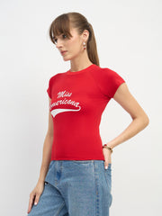 Women Red AMERICANA Print Lycra T-Shirt-SFTOPS42447