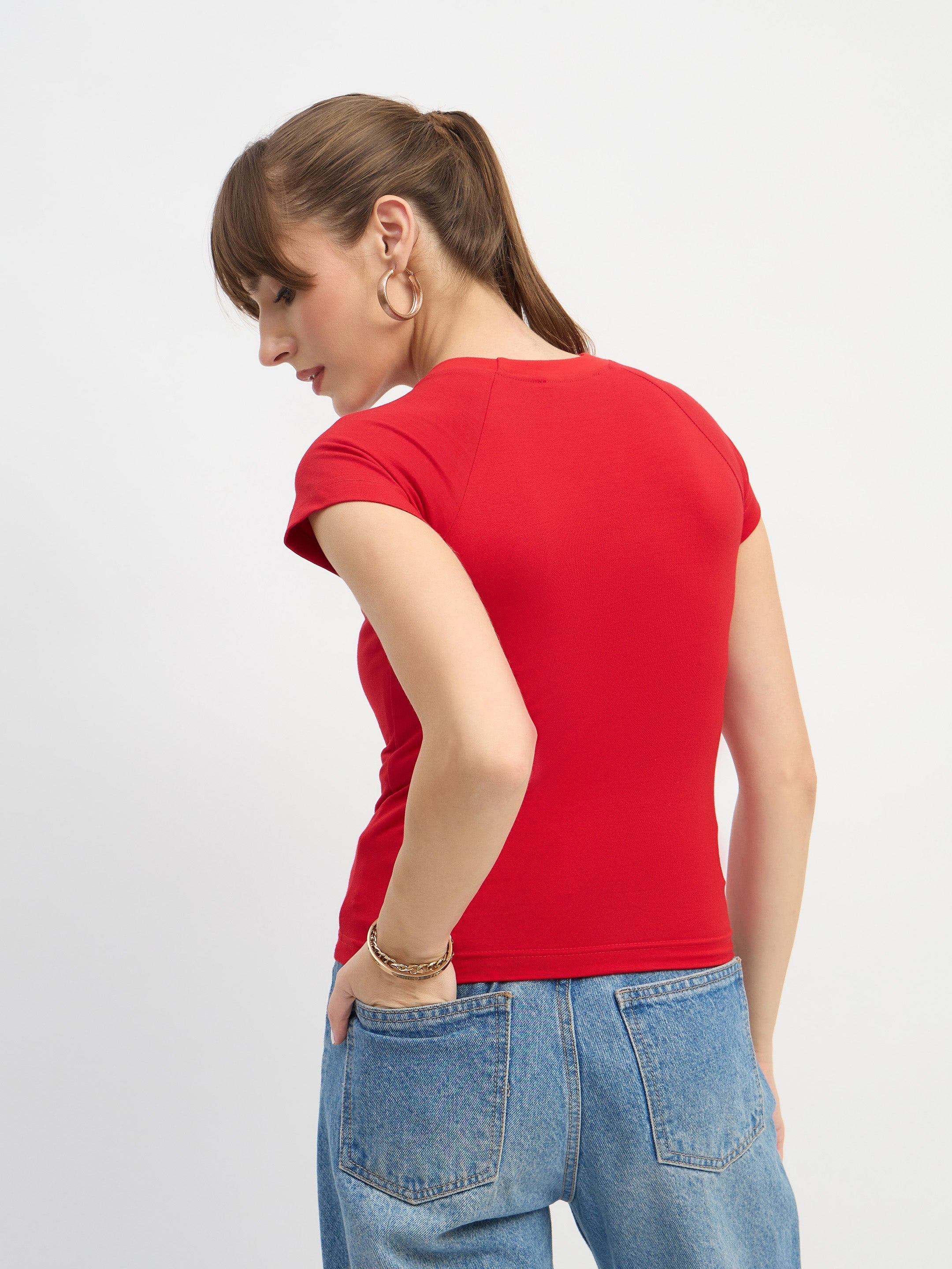 Women Red AMERICANA Print Lycra T-Shirt-SFTOPS42447