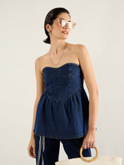 Women Blue Denim Off Shoulder Peplum Top-SFTOPS42450