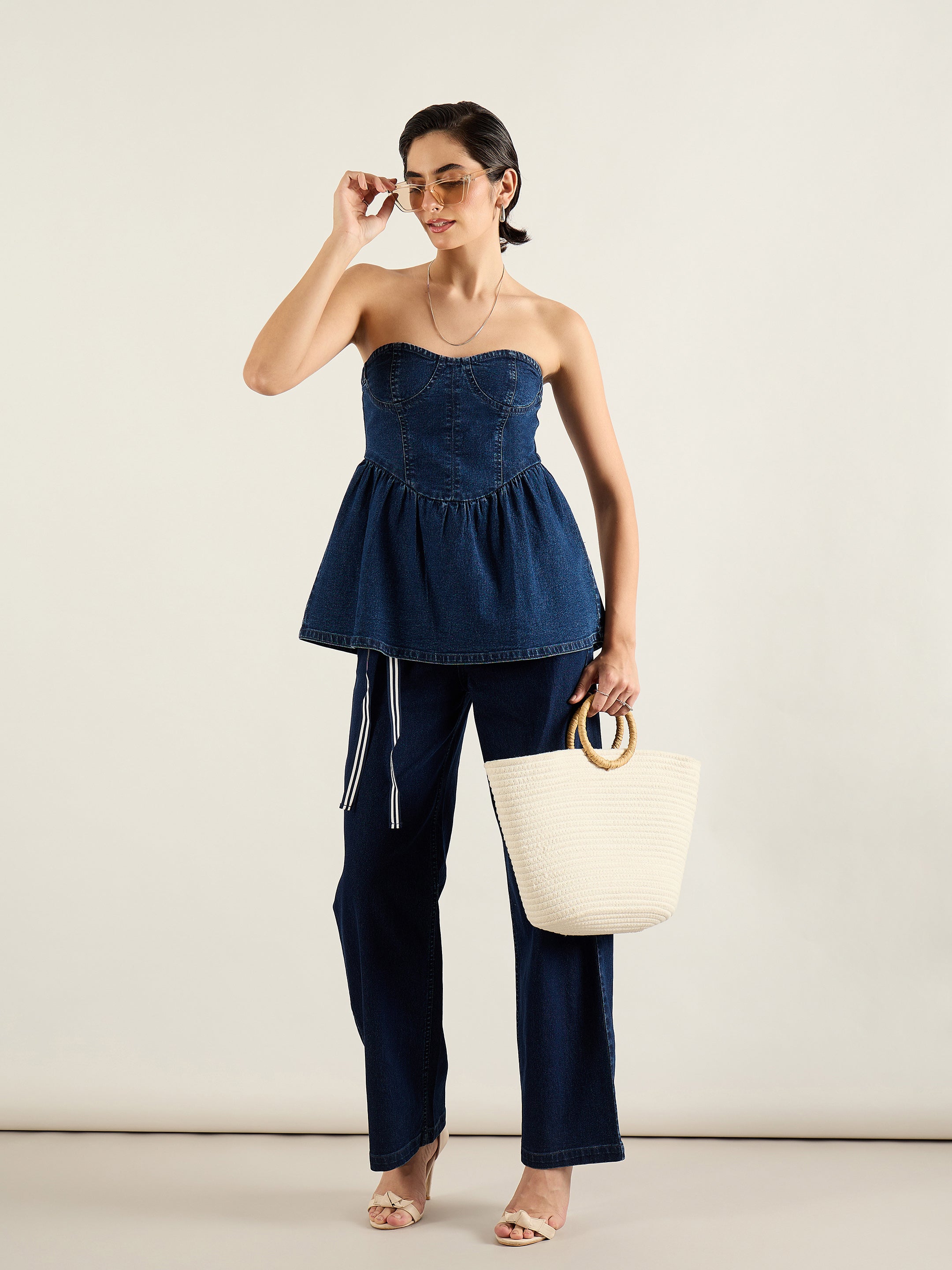 Women Blue Denim Off Shoulder Peplum Top-SFTOPS42450