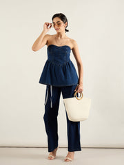 Women Blue Denim Off Shoulder Peplum Top-SFTOPS42450