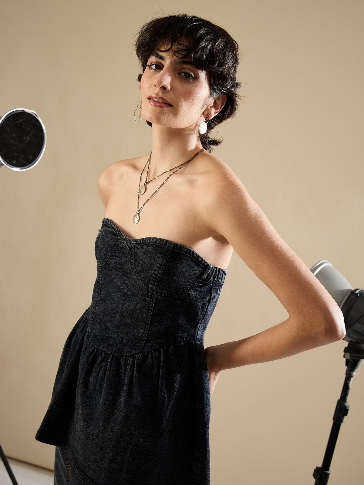 Women Black Denim Off Shoulder Peplum Top-SFTOPS42451