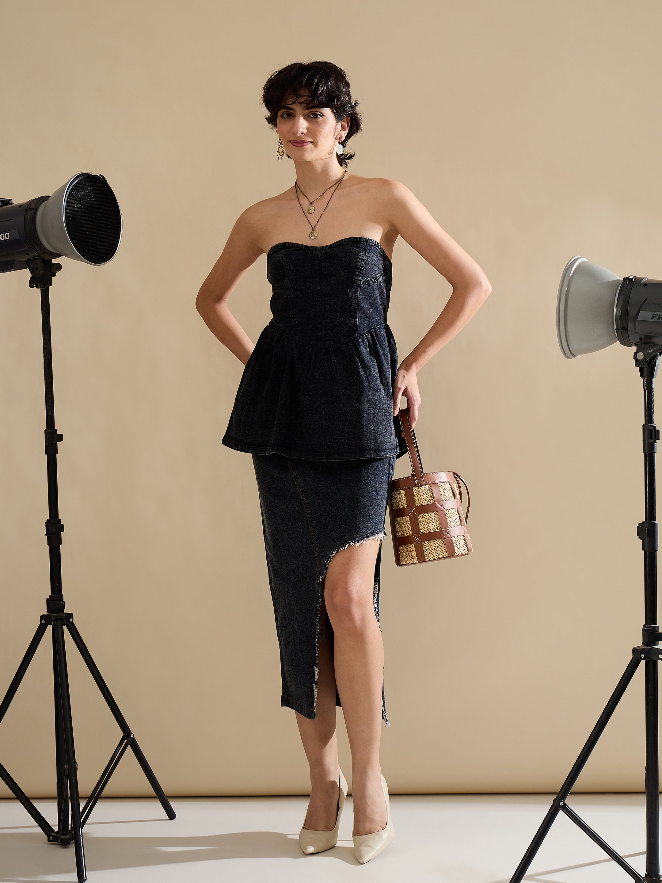 Women Black Denim Off Shoulder Peplum Top-SFTOPS42451