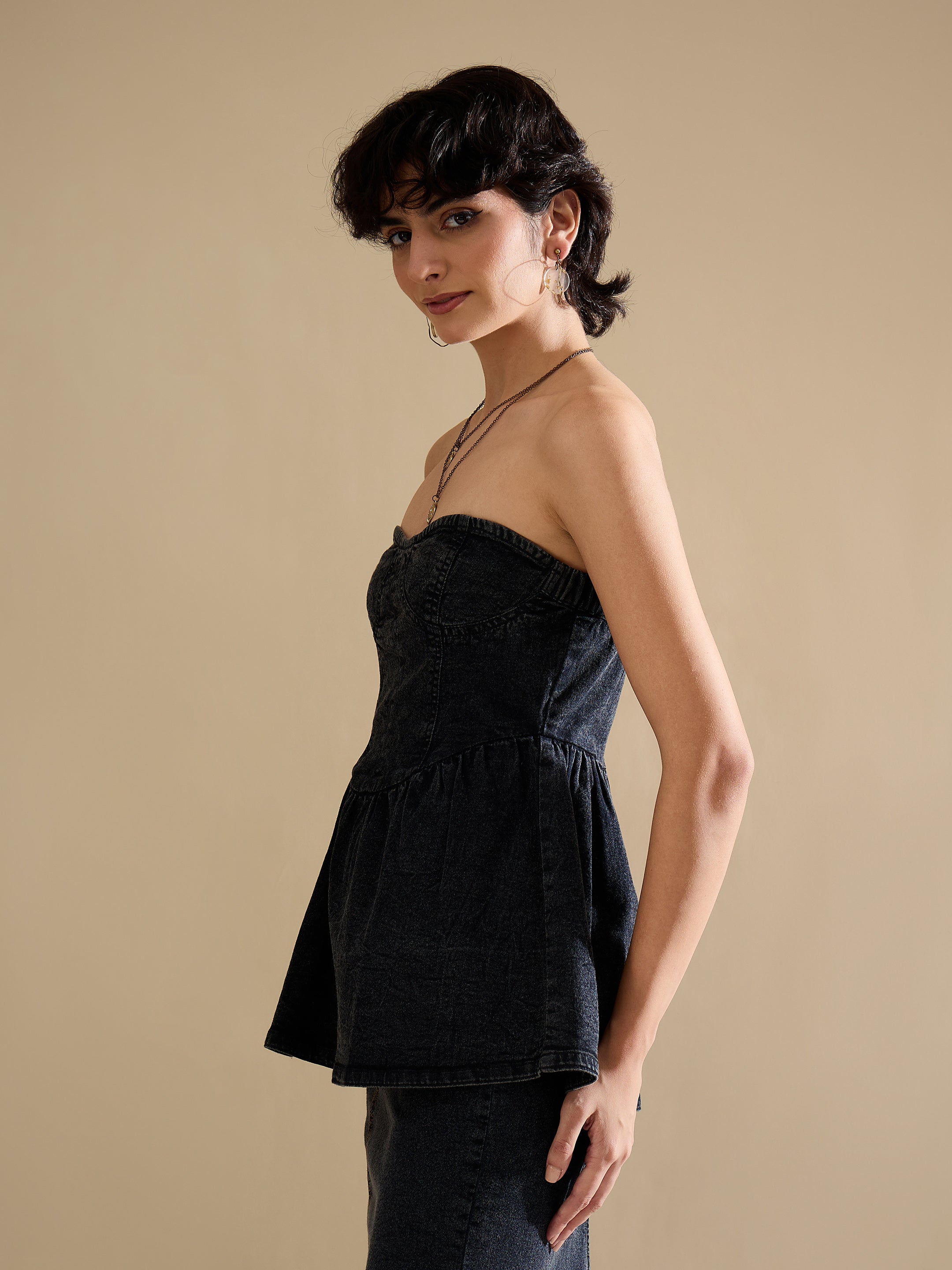 Women Black Denim Off Shoulder Peplum Top-SFTOPS42451