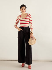 Women Red & Beige Striped Full Sleeve Top-SFTOPS42452