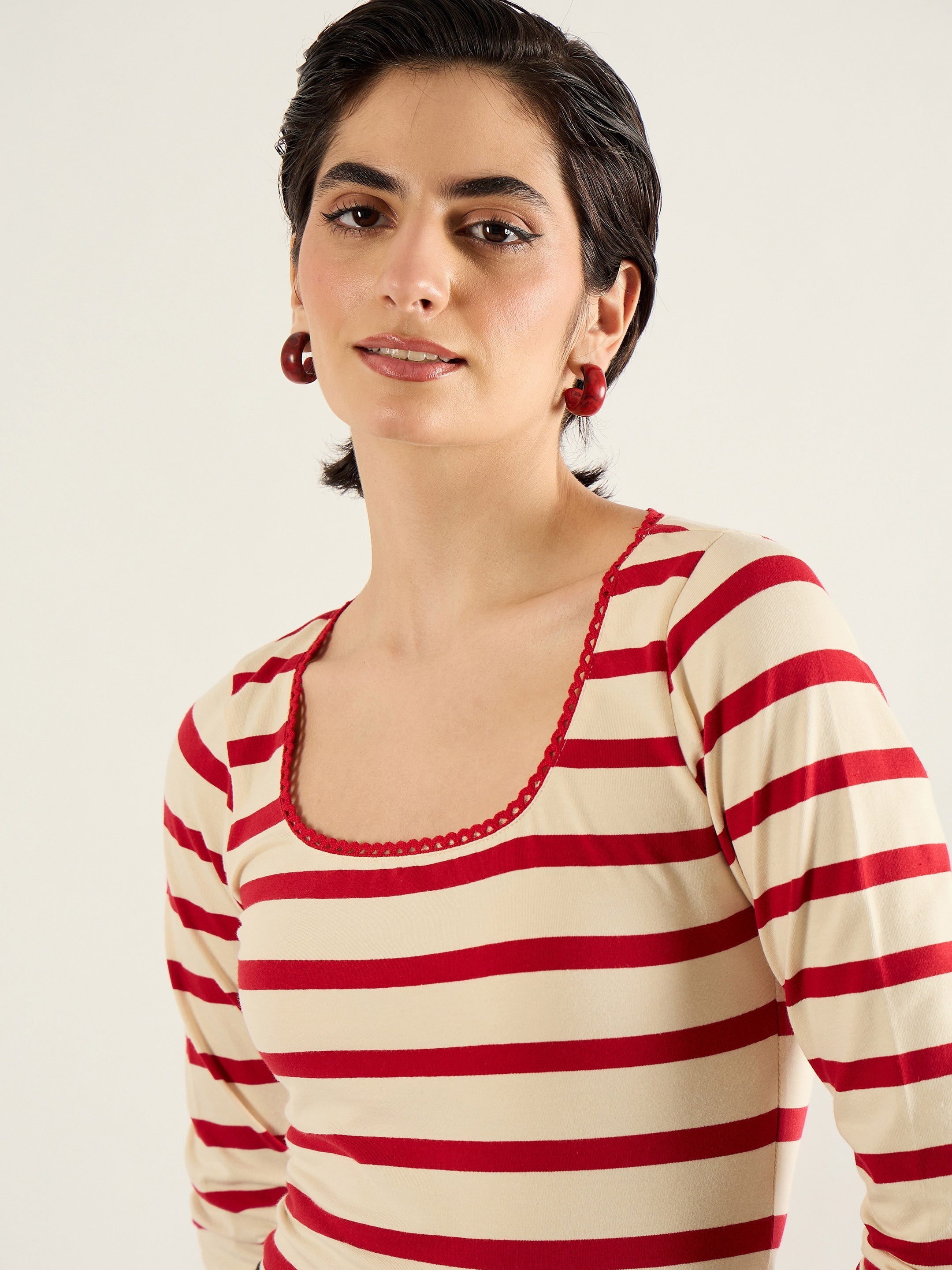 Women Red & Beige Striped Full Sleeve Top-SFTOPS42452
