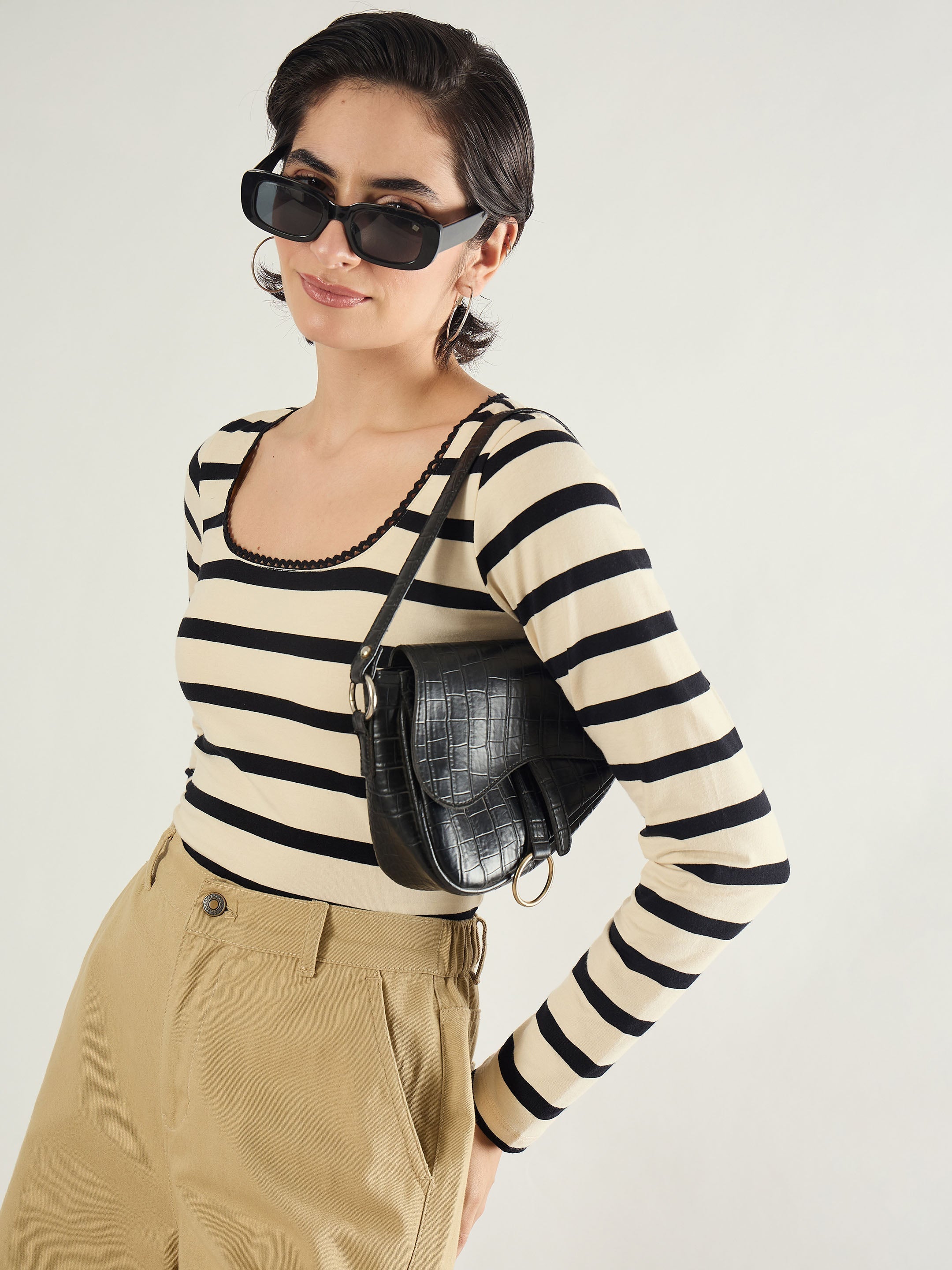 Women Black & Beige Striped Full Sleeve Top-SFTOPS42453