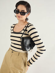 Women Black & Beige Striped Full Sleeve Top-SFTOPS42453